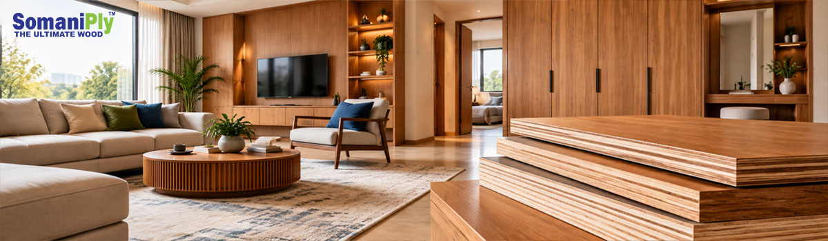 SomaniPly plywood samples with modern interior living room